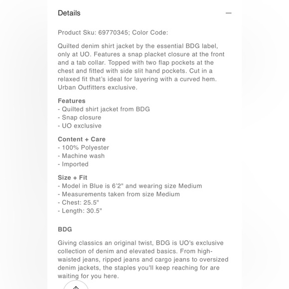 Urban Outfitters. BDG Denim Quilted Shirt Jacket. Brand new. Mens. - Picture 3 of 5